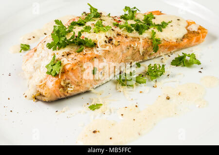 Fried Salmon with cheese sauce, parsley and pepper. Stock Photo