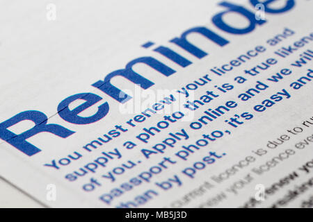 Reminder notice from the DVLA to renew a photocard driving licence. UK Stock Photo