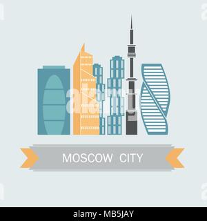 Banner of Moscow city in flat line trendy style. All buildings separated Stock Vector