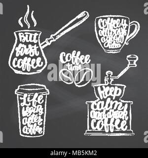 Coffee lettering in cup, grinder, pot chalk shapes. Modern calligraphy quotes about coffee. Vintage coffee contour objects set with handwritten phrase Stock Vector