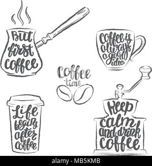 Coffee lettering in cup, grinder, pot grunge contours. Modern calligraphy quotes about coffee. Vintage coffee objects set with handwritten phrases. Stock Vector