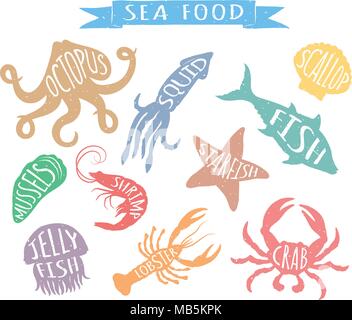 Seafood hand drawn colorful vector illustrations isolated on white background, elements for restaurant menu design, decor, label. Vintage silhouettes  Stock Vector