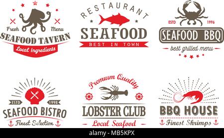 Set of vintage seafood, barbecue, grill logo templates, badges and design elements. Logotypes collection for seafood shop, cafe, restaurant. Vector il Stock Vector