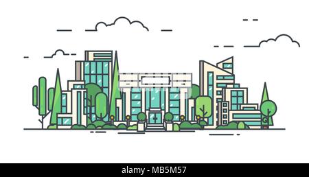 City with buildings, skyscrapers and trees from park. Bank or big building in city center. Flat style line vector illustration. Business city center w Stock Vector