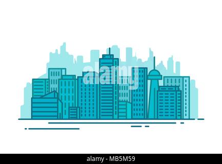 City with buildings and skyscrapers on background. Flat style line vector illustration. Business city center with modern houses. Business center of to Stock Vector
