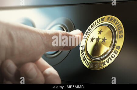 Man upgrading to premium service by pressing a golden button. Composite image between a hand photography and a 3D background. Stock Photo