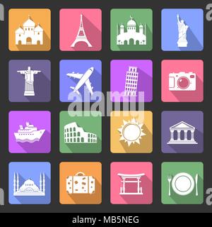 Travel and landmarks vector flat icons set Stock Vector