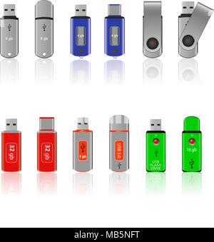 Set of colored flash drives, vector Stock Vector