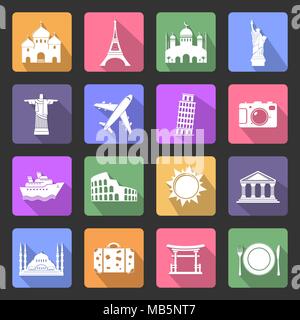 Travel and landmarks vector flat icons set Stock Vector
