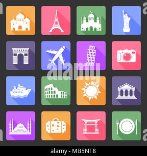 Travel and landmarks vector flat icons set Stock Vector