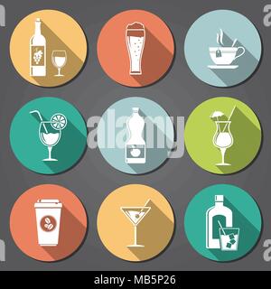 Drinks and beverages flat icons with long shadow Stock Vector