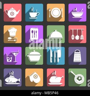 Food and kitchen icons with long shadow Stock Vector