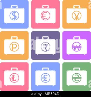 Briefcase flat icons with currency symbols Stock Vector
