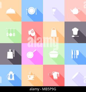 Kitchen tools flat icons with long shadow Stock Vector
