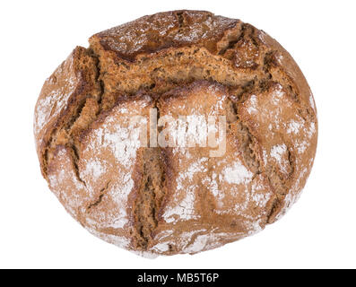 Small round loaf of brown bread with cracks. Close-up of fresh baked crunchy bread roll. Isolated on white background. Stock Photo