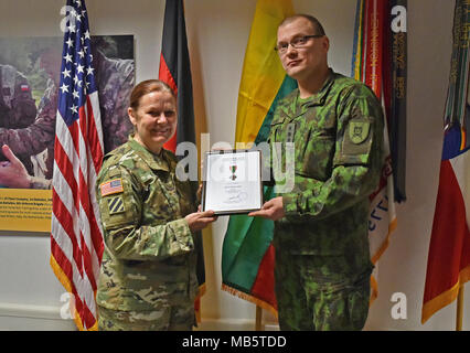 Lithuanian Army Land Forces Major Arturas Seniut presented Command Sgt. Maj. Sheryl D. Lyon, former U.S. Army Europe senior enlisted leader, with the Divisions of the Lithuanian Armed Forces Medal of Distinction, Feb. 22 in an award ceremony on Clay Kaserne in Wiesbaden, Germany. Lyon was recognized for her exceptional distinction in enhancing the Lithuanian Armed Forces, professionalism and significant personal dedication to development of international military cooperation between the United States Army and the Land Forces of the Lithuanian Armed Forces. Stock Photo