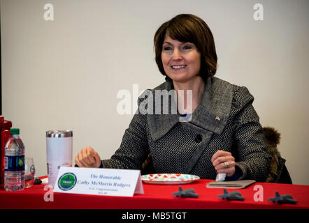 U.S. Rep. Cathy McMorris Rodgers speaks with base military spouses about the upcoming Congressional Military Family Summit during her visit at Fairchild Air Force Base, Washington, Feb. 22, 2018. Various topics were covered to include: spousal employment, child care and housing. Stock Photo