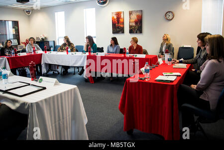 U.S. Rep. Cathy McMorris Rodgers speaks with base military spouses during her visit at Fairchild Air Force Base, Washington, Feb. 22, 2018. The congresswoman and her staff met with base leaders to discuss current base issues and spoke with military spouses about the upcoming Congressional Military Family Summit this fall. Stock Photo