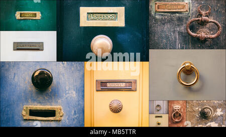 Collage of old door mail letter boxes, door knockers and door knobs on house front doors Stock Photo