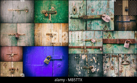 Locked doors with padlocks collage. Closed old rusty padlocks on weathered wooden doors, closeup view Stock Photo