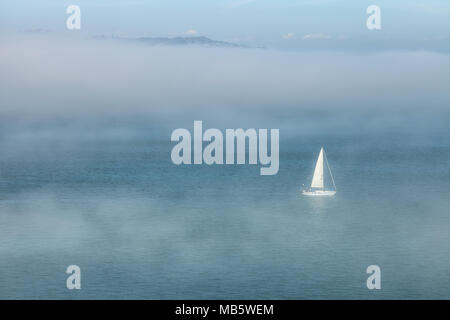 Lone sailboat was sailing amid the low fog in San Francisco Bay on an early spring morning, California, United States. Stock Photo