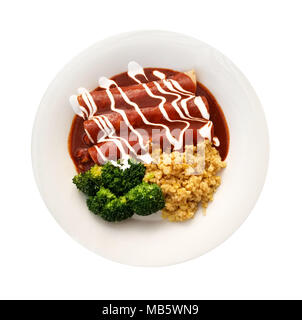 Enchiladas in red sauce with steamed broccoli and corn isolated over white background. Stock Photo