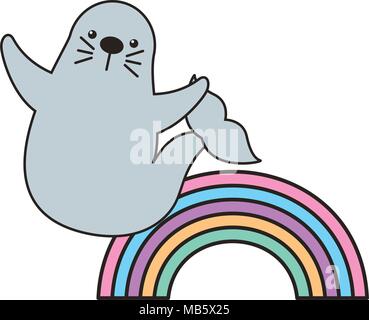 cute little seal with rainbow Stock Vector