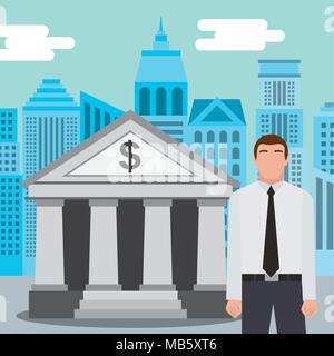 businessman standing at the bank building finance institution with city background Stock Vector