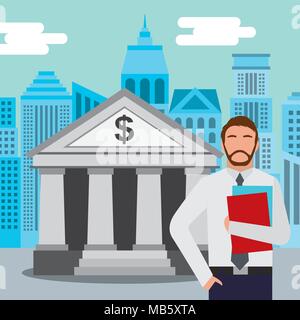businessman standing at the bank building finance institution with city background Stock Vector