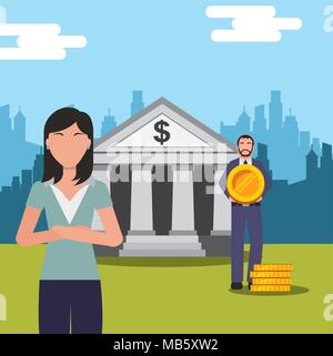 business people man holding coin and woman near bank Stock Vector