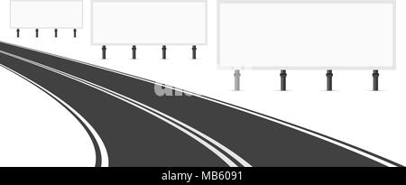 Three Billboards Along the Road. Three Empty White Blank Billboards for Advertising. Bend Road with Markings. Vector Art Stock Vector