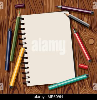 Artist table objects top view empty place paper and felt pen. Stock Vector