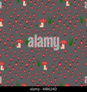 Seamless pattern with toxic amanita mushrooms and ladybugs. Fly-agaric background. Stock Vector