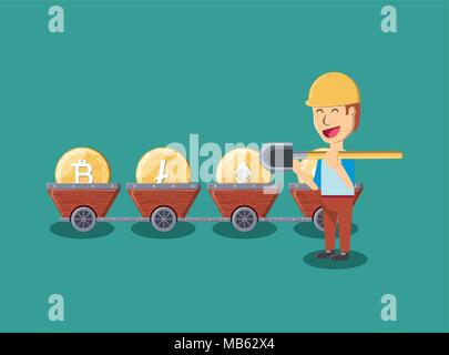 Mining cryptocurrency design with cryptocurrency coins and cartoon man with a shovel  over turquoise background, colorful design. vector illustration Stock Vector