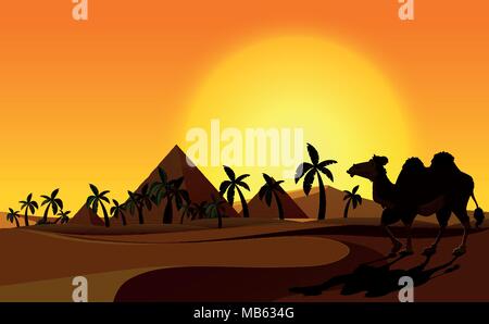 Pyramid and Camel with Desert Scene illustration Stock Vector