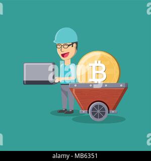 Mining cryptocurrency design with cartoon man and mining cart with bitcoin coin over blue background, colorful design. vector illustration Stock Vector