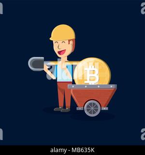 Mining cryptocurrency design with cartoon man with mining cart with bitcoin coin over blue background, colorful design. vector illustration Stock Vector