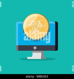 Computer with IOTA coin over turquoise background, colorful design. vector illustration Stock Vector