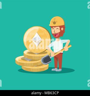 Cartoon man mining cryptocoins over turquoise background, colorful design. vector illustration Stock Vector