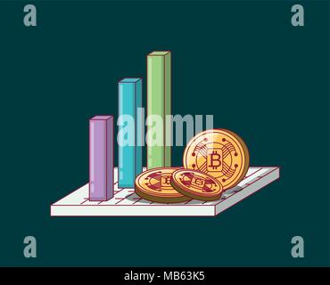 bar chart with cryptocoins over green background, colorful design. vector illustration Stock Vector