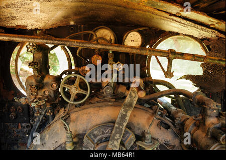 Steam locomotive cab controls of State Saw Mills steam engine SSM No. 2, slowly rusting away in a rail museum in Pemberton, Western Austra Stock Photo