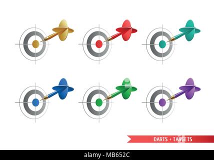 Set of colorful darts and targets for your creative works. All elements isolated on white background. Vector illustration. Stock Vector