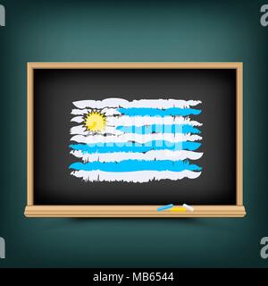 Uruguay national flag draw on school education blackboard. Uruguayan standard banner backdrop. Learn language lesson Stock Vector