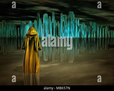 Surreal painting. Figure in cloak stands before futuristic city. Stock Photo