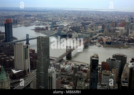 General view of Brooklyn and New York City, USA as shot from the One Trade Center including the Brooklyn Bridge. Stock Photo