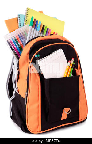 School bag with student supplies Stock Photo