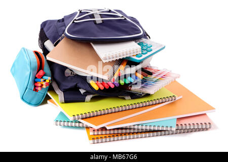 School bag with books and equipment Stock Photo
