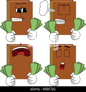 Books holding or showing money bills. Cartoon book collection with angry and sad faces. Expressions vector set. Stock Vector