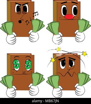 Books holding or showing money bills. Cartoon book collection with various faces. Expressions vector set. Stock Vector