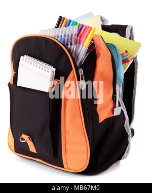 School bag with books and equipment Stock Photo